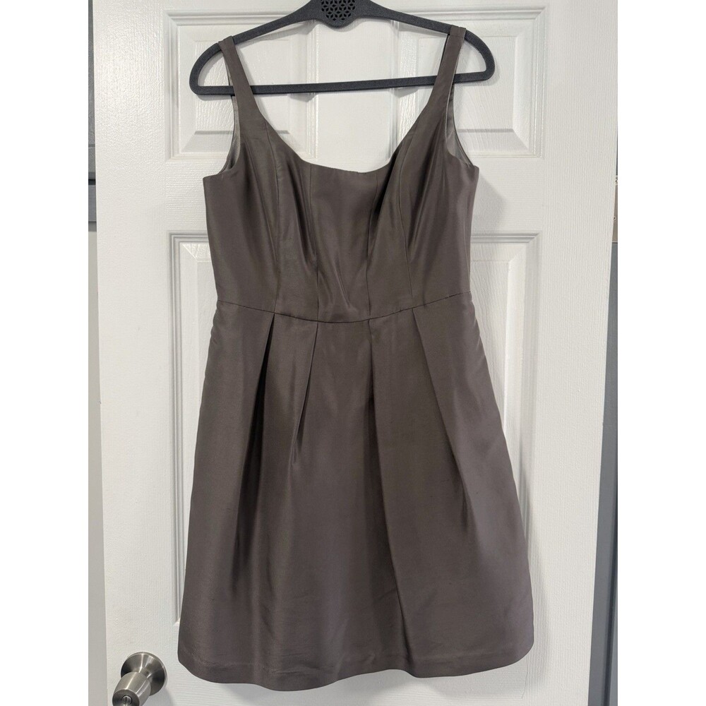 Jenny Yoo Collection 100% Silk Cocktail Dress Sz 10 Taupe Gray Pleated Pockets